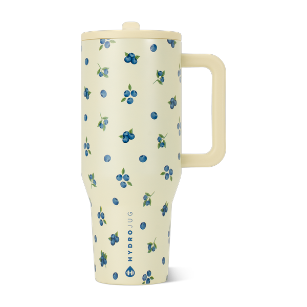 Termo HydroJug Viajero 32oz color crema con arándanos, diseño Freshly Pick'd