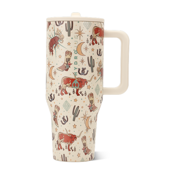 Termo HydroJug Viajero 32oz Rodeo crema con diseño del oeste, sorbete y asa