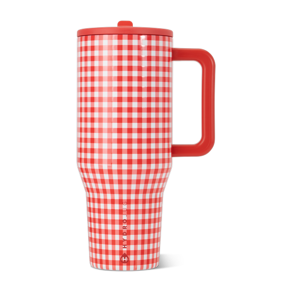 Termo HydroJug Viajero 32oz a cuadros rojo y blanco, diseño Summer Picnic
