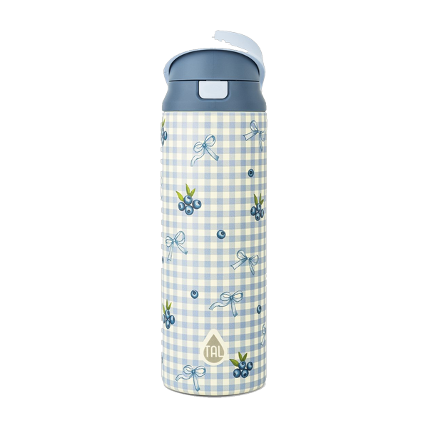 Botella térmica TAL 2 en 1 24oz color celeste a cuadros con diseño de arándanos y lazos, sorbete abatible y chugger
