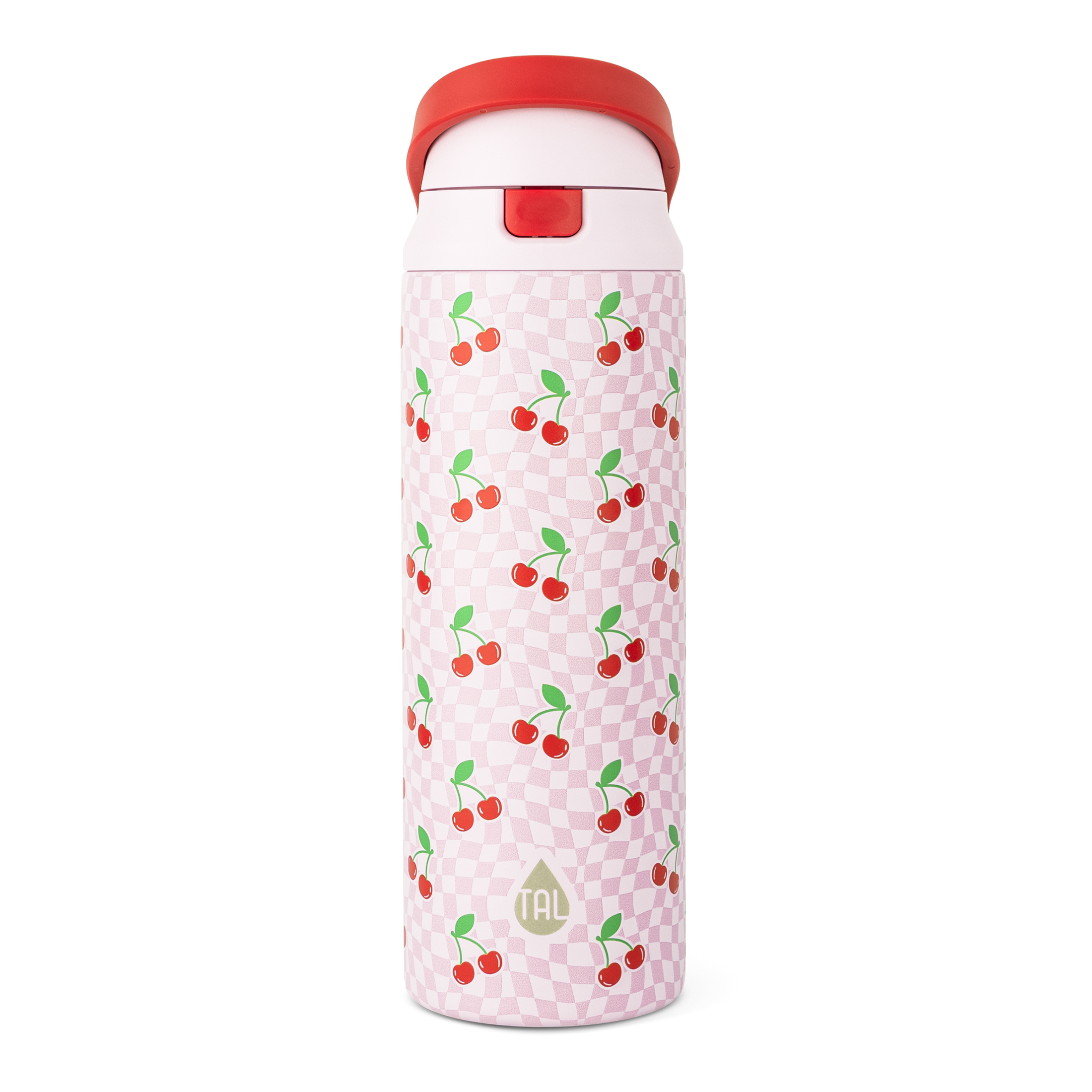 Botella térmica TAL 2 en 1 24oz rosa a cuadros con diseño de cerezas, sorbete abatible y chugger