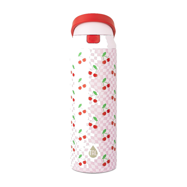 Botella térmica TAL 2 en 1 24oz rosa a cuadros con diseño de cerezas, sorbete abatible y chugger
